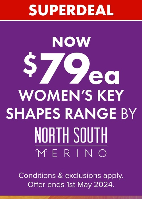 Now $79ea Women's Key Shapes Range by North South Merino