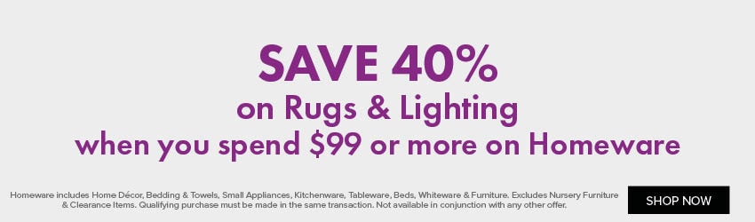 SAVE 40% on Rugs & Lighting when you spend $99 or more on Homeware