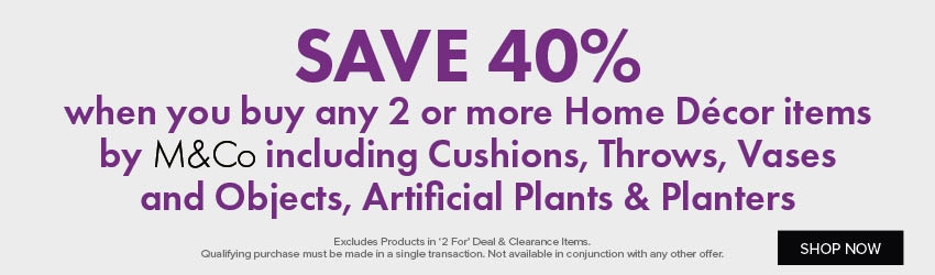 SAVE 40% when you buy any 2 or more Home Décor items by M&Co including Cushions, Throws, Vases and Objects, Artificial Plants & Planters