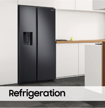 A black Samsung double door fridge with ice maker in a white kitchen