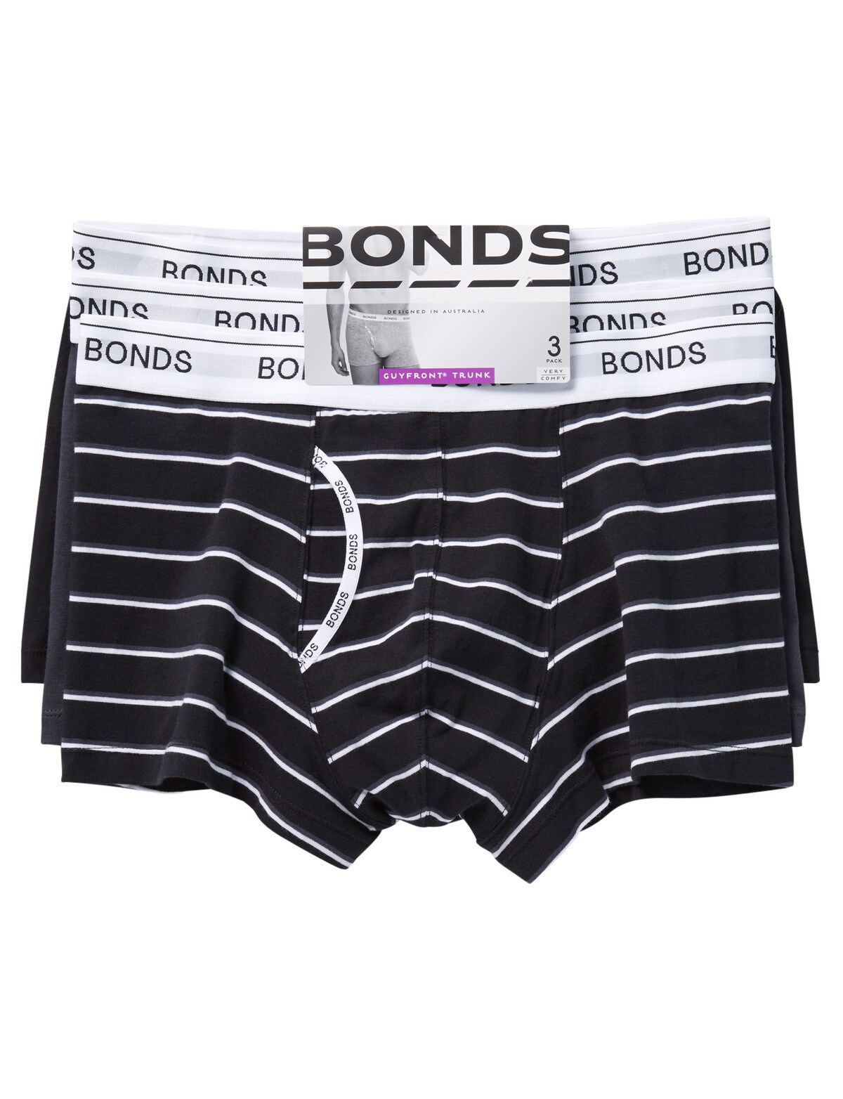 Bonds Guyfront Trunk, 3-Pack, Stripe & Plain, Black - Underwear