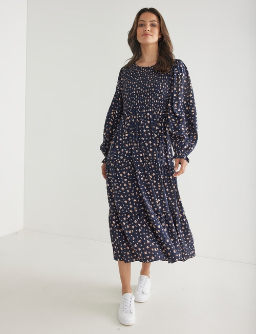 Whistle Floral Long Sleeve Shirred Midi Dress, Navy - Dresses