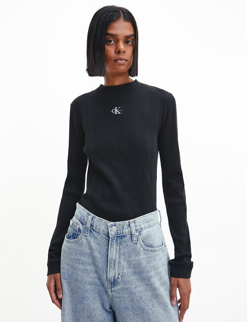 Calvin Klein Jeans Varsity Traveling Logo Long Sleeve Tee in Black