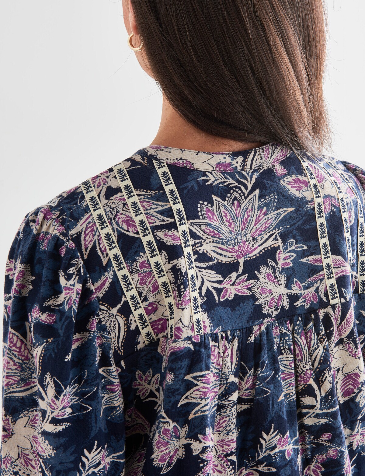 Ella J Floral Embroidery Detail Top, Navy - Tops