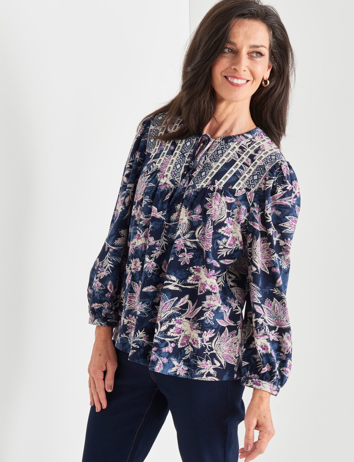 Ella J Floral Embroidery Detail Top, Navy - Tops
