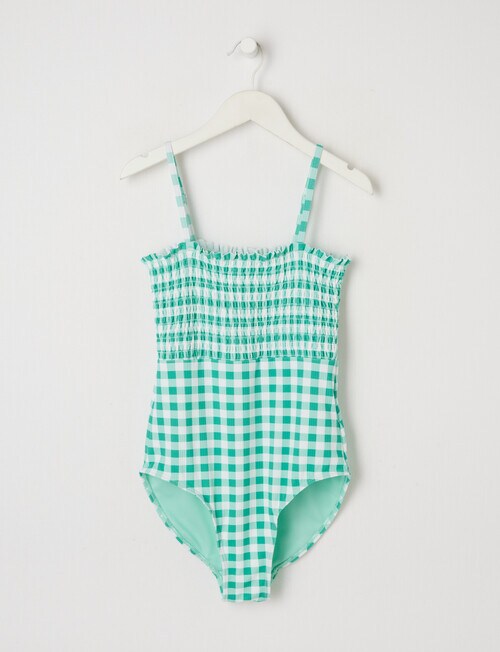 Wavetribe Gingham Textured Sleeveless Shirred Swimsuit, Mint - Swimwear