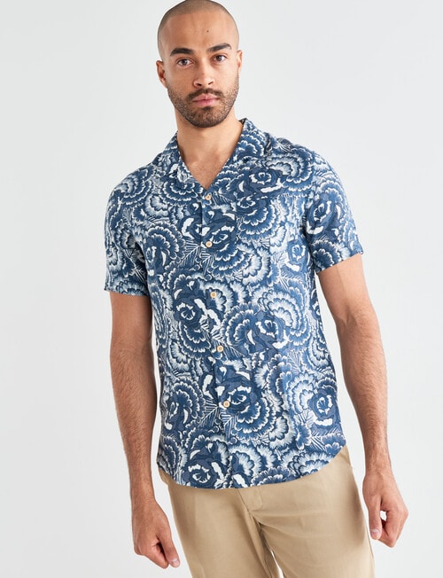 Gasoline Floral Linen Cuban Resort Shirt, Blue - Casual Shirts