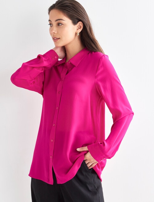 Whistle Long Sleeve Classic Silk Shirt, Cerise - Tops