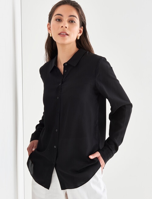 Whistle Long Sleeve Classic Silk Shirt, Black - Tops