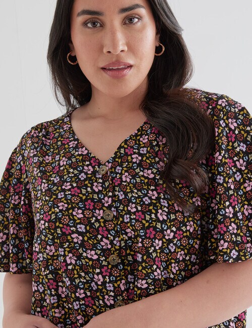 Studio Curve Ditsy Button Detail Top, Black & Pink - Tops