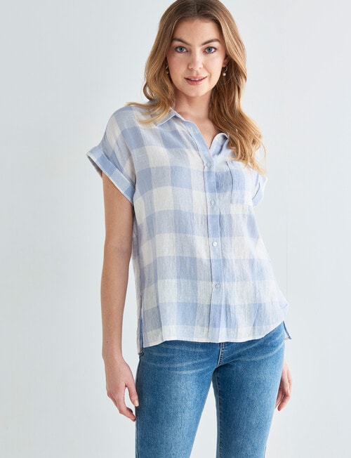 Zest Check Linen Blend Short Sleeve Shirt, Blue & White - Tops