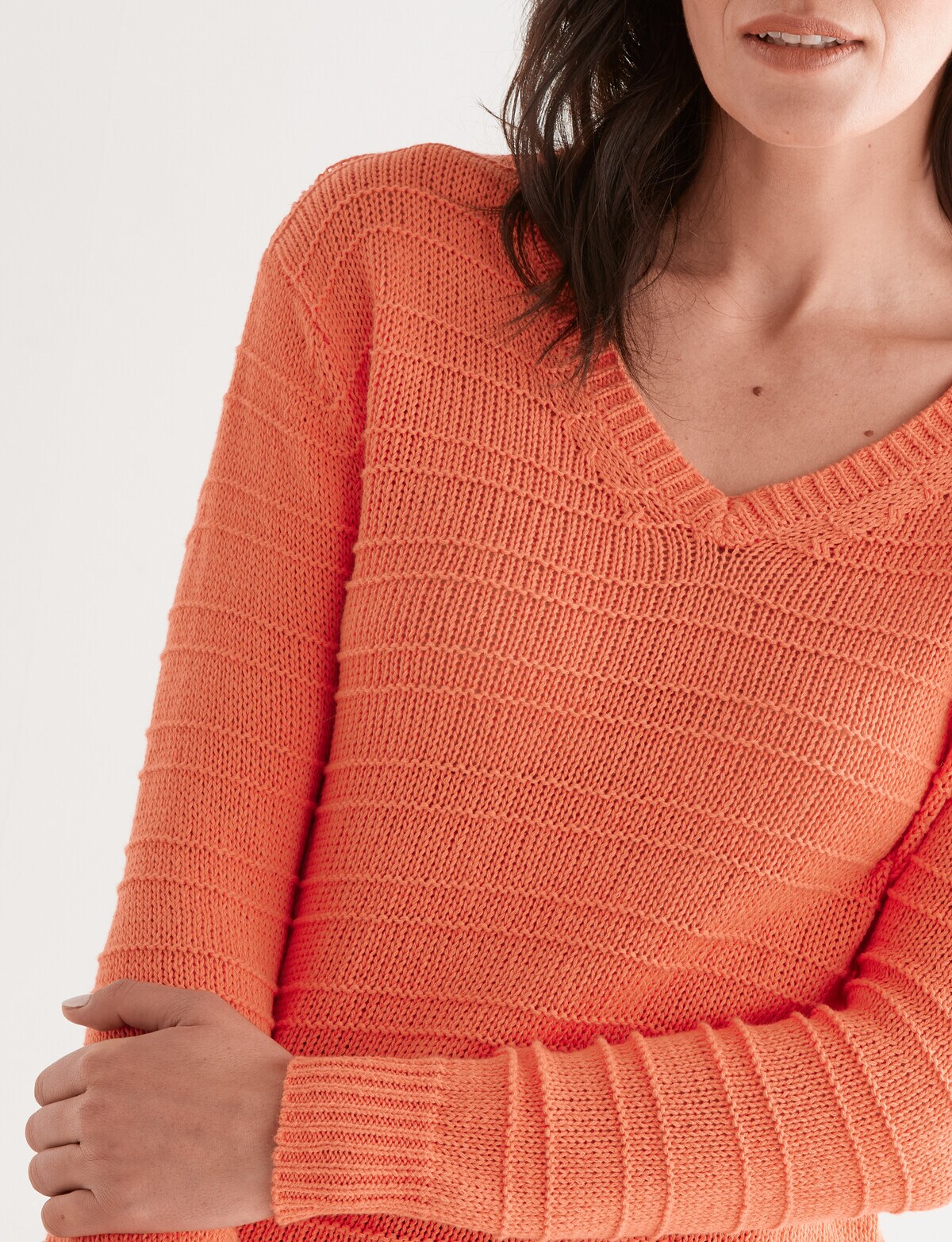 Jigsaw Linen-Cotton V Neck Sweater, Papaya - Womens Red Dot