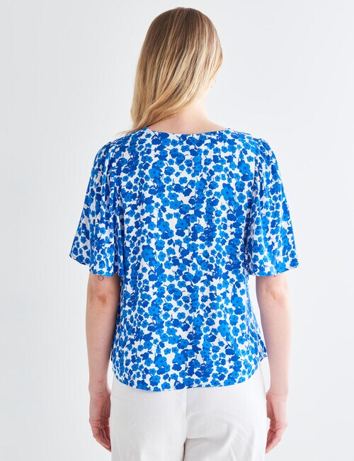 Whistle Floral Print Flutter Sleeve Top, Azure & White - Womens Clearance