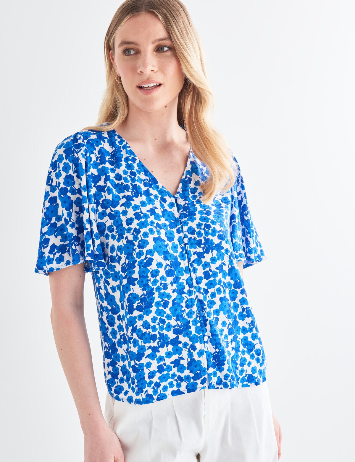 Whistle Floral Print Flutter Sleeve Top, Azure & White - Womens Red Dot