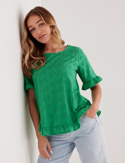 Whistle Embroidered Cotton Ruffle Tee, Green - Tops