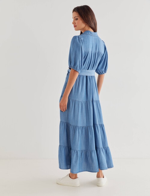 Whistle Denim Wash Short Sleeve Tiered Lyocell Dress, Blue - Dresses