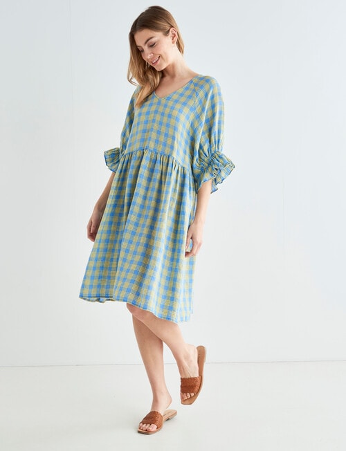 Zest Check Linen Ruffle Sleeve Dress, Azure & Mango - Dresses