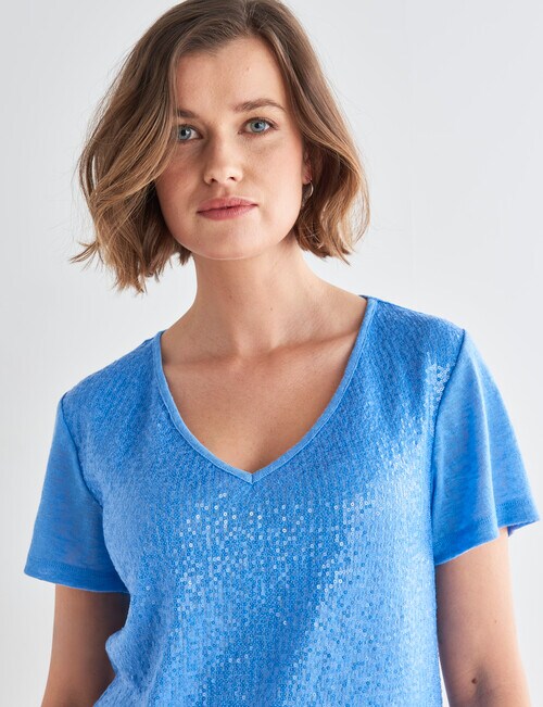 Jigsaw Sequin Front Tee, Lapis Blue - Tops