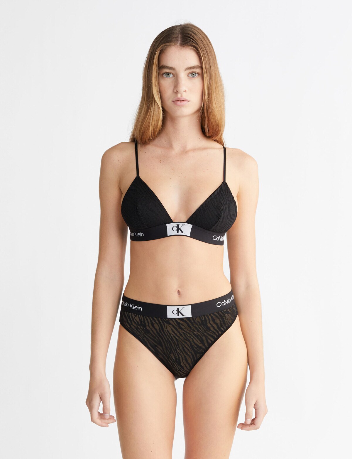 Calvin Klein CK96 unlined triangle bralet in black animal lace