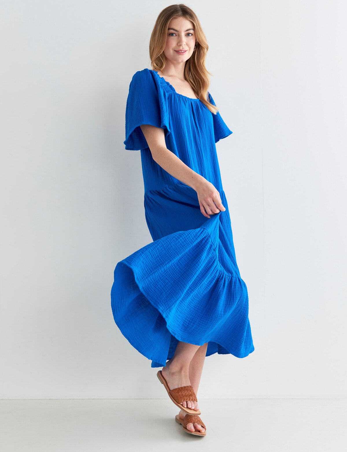 Zest Textured Cotton Midi Dress, Cobalt - Dresses