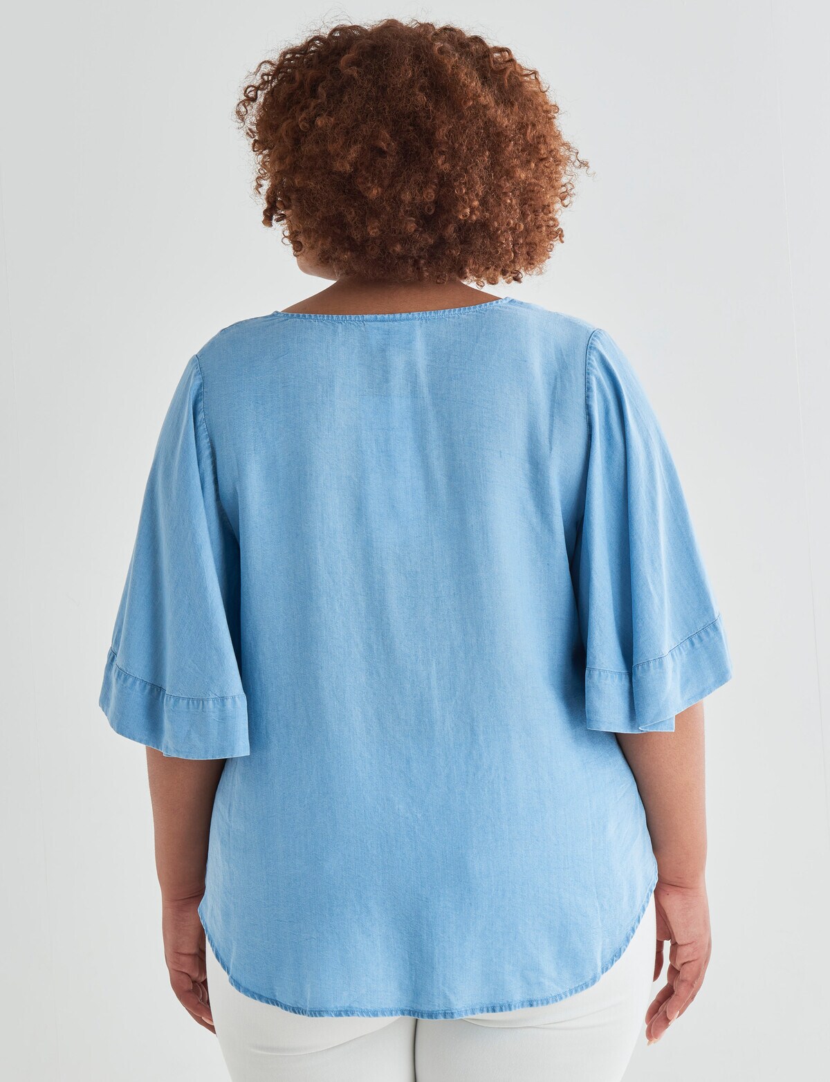 Studio Curve Flutter Sleeve Denim Shirt, Blue - Tops