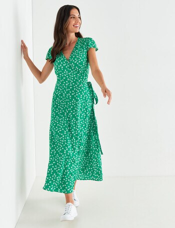 Whistle Leaf Print Cap Sleeve Wrap Dress, Green - Dresses