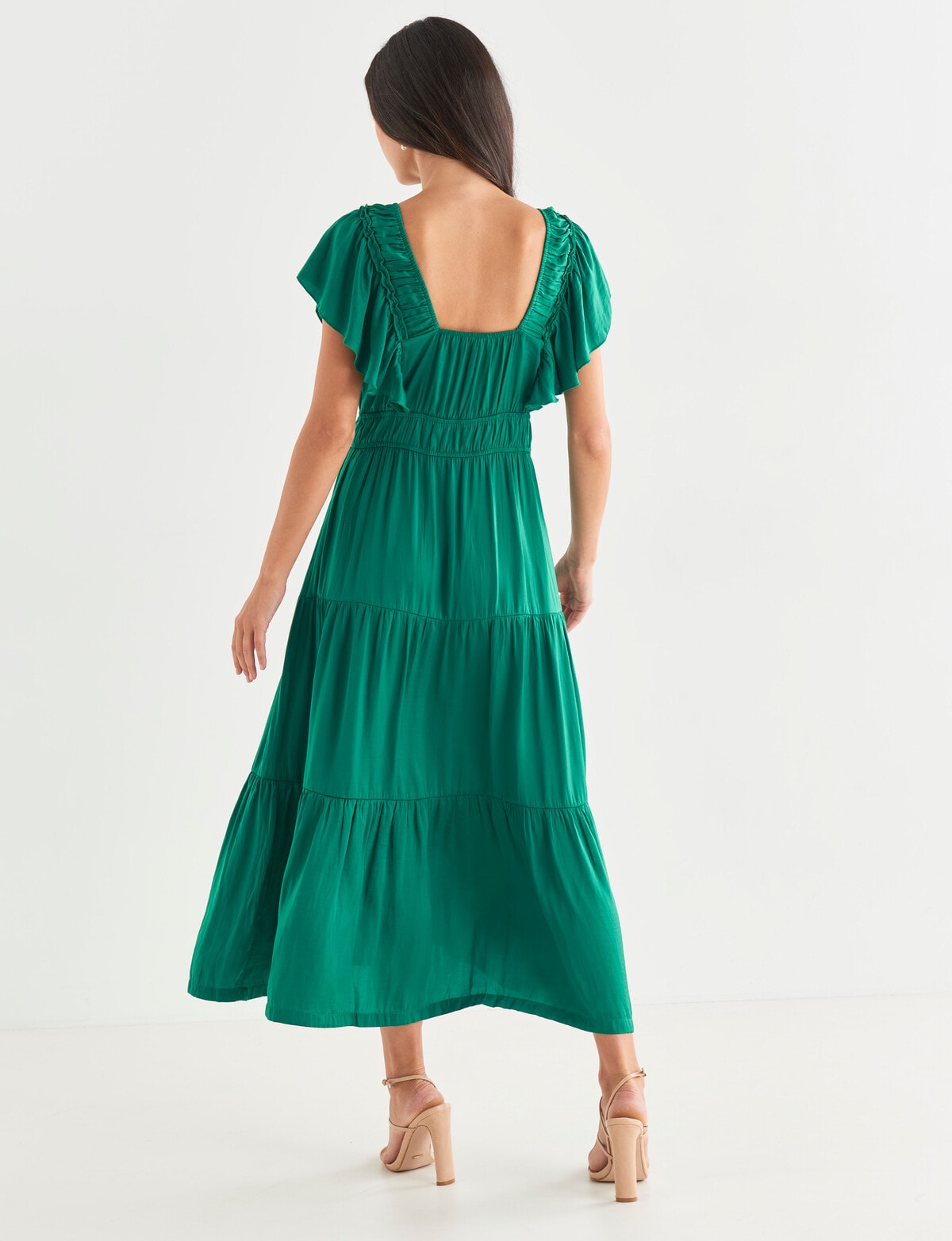 Whistle V-Neck Frill Dress, Deep Green - Dresses