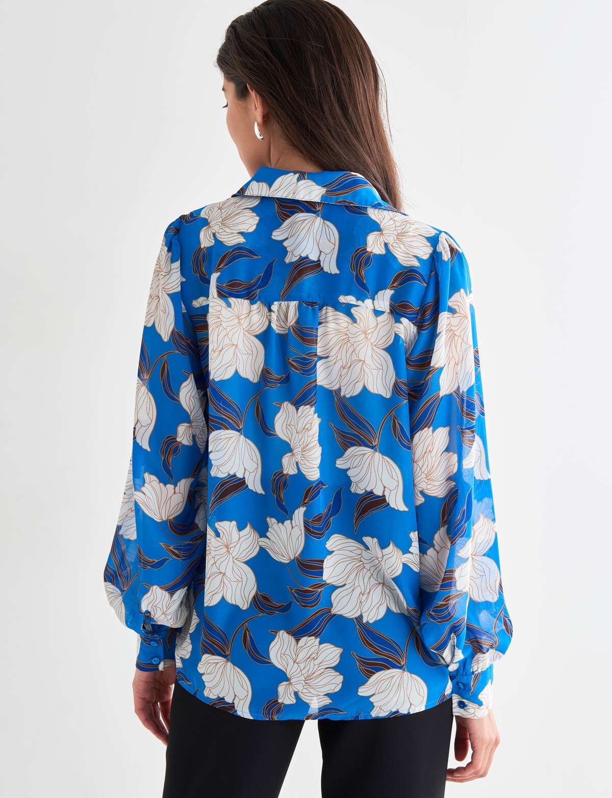 Whistle Vibrant Floral Long Sleeve Fashion Blouse, Blue - Tops