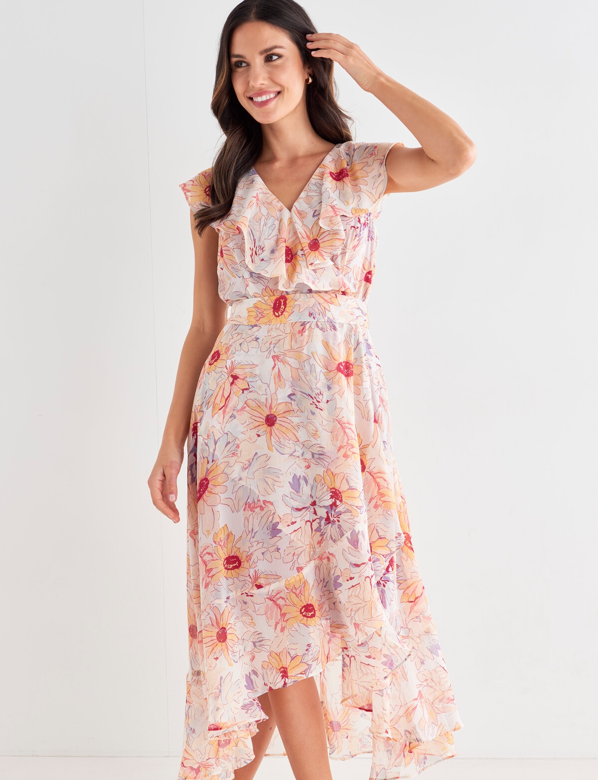 Whistle Spring Flowers Ruffle Wrap Dress, Peach - Womens Red Dot