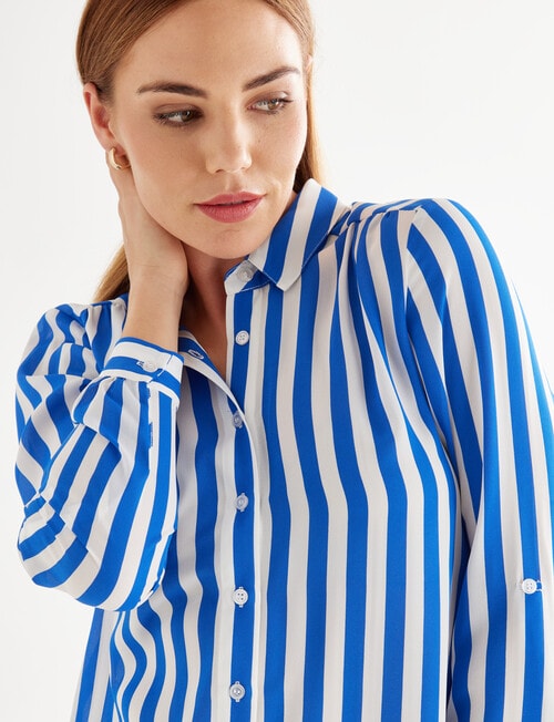 Oliver Black Long Sleeve Collar Shirt, Indigo and White Stripe - Tops