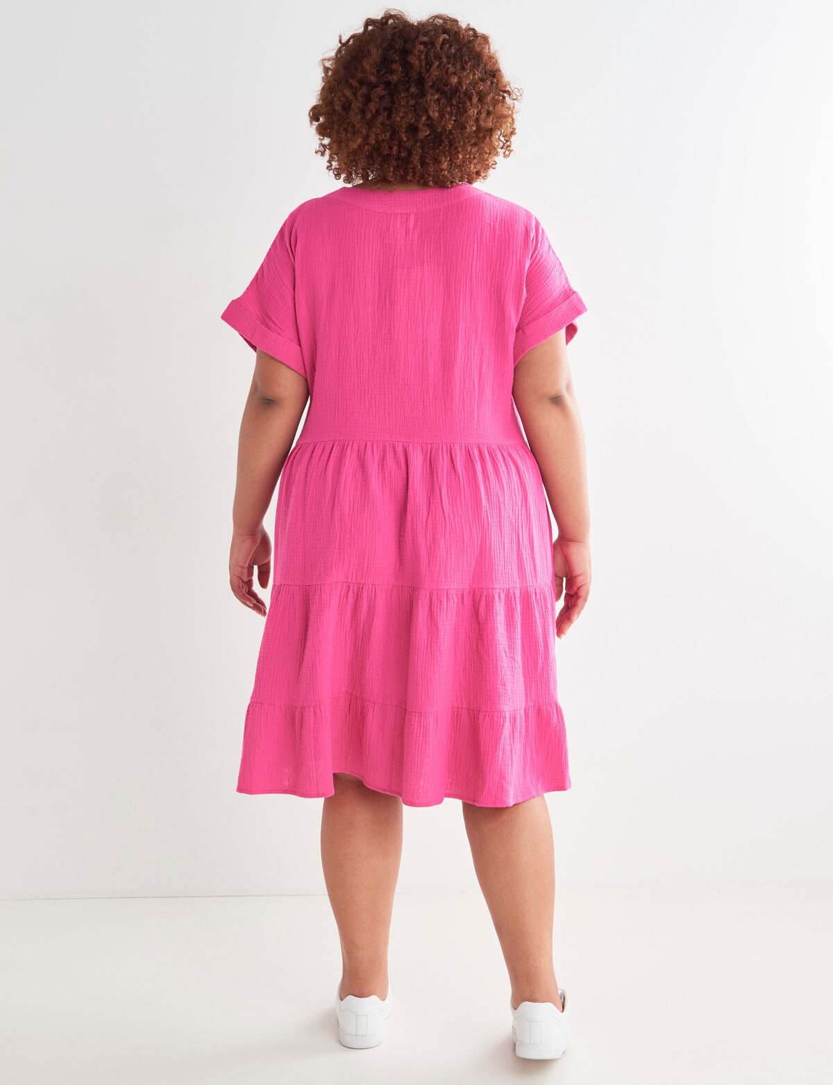 Studio Curve Button Detail Cheesecloth Dress, Pink - Dresses & Skirts