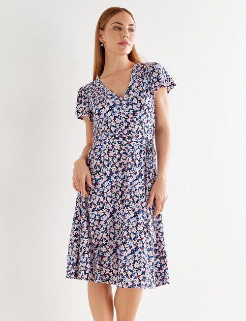 Oliver Black Flutter Sleeve Wrap Dress, Navy Summer Floral - Dresses