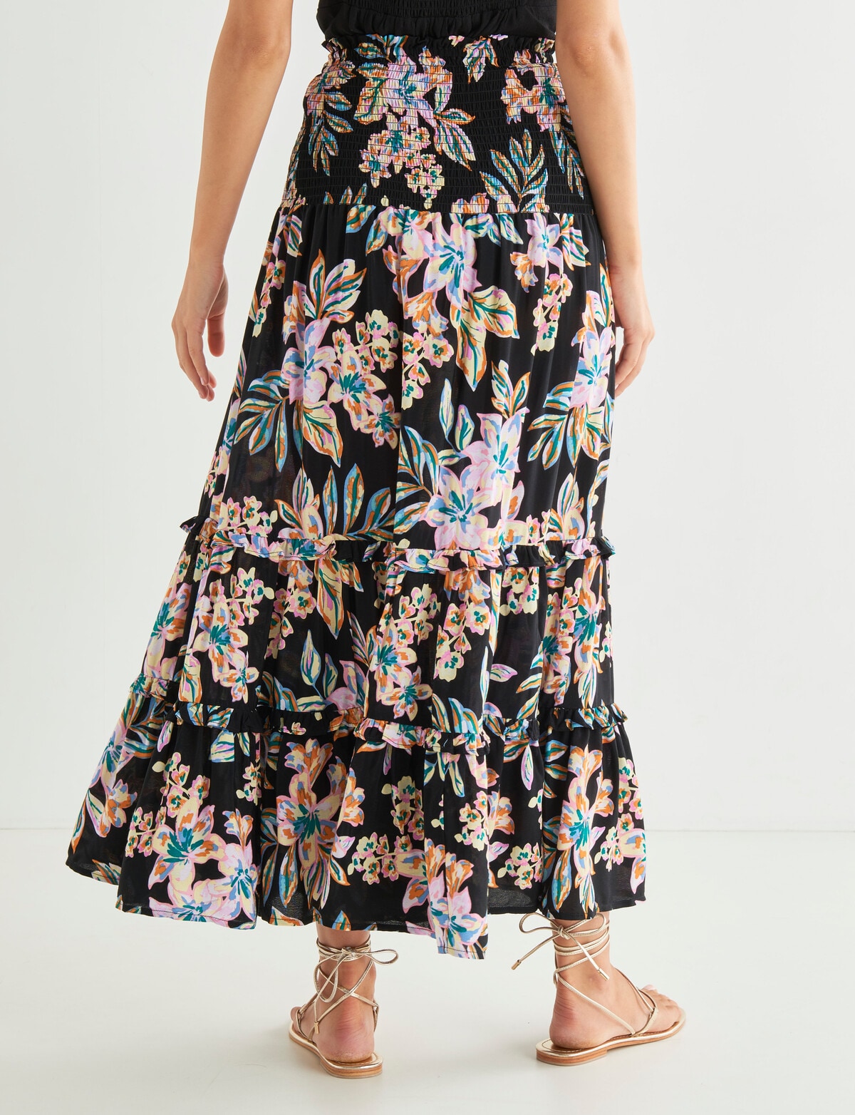 Whistle Tropical Floral Shirred Waist Midi Skirt, Black - Skirts