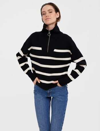 Vero Moda Saba Stripe Long Sleeve High Neck Sweater, Black - Tops