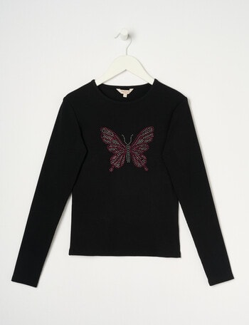 Switch Long Sleeve Rib Tee Diamante Butterfly, Black product photo