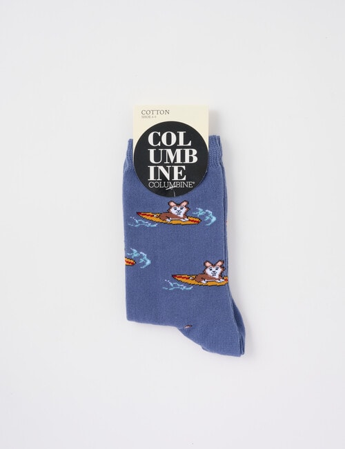Columbine Surfing Corgi Cotton Crew Sock, Denim product photo View 02 L