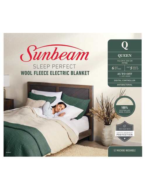 Sunbeam Sleep Perfect Antibacterial Wool Fleece Electric Blanket Queen