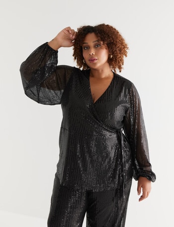 Studio Curve Wrap Sequins Top, Black product photo