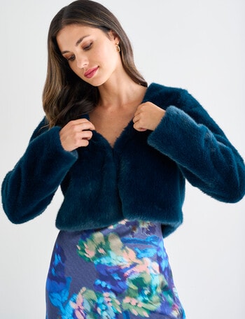Harlow Long Sleeve Cropped Faux Fur Jacket, Emerald Green product photo