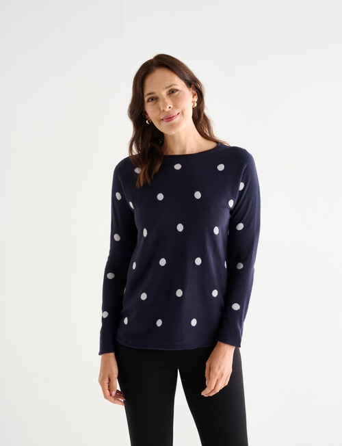 Ella J Curved Hem Jumper, Navy Spots product photo