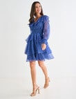 Harlow Long Sleeve V-Neck Ruffle Party Dress, Blue Blooms product photo View 03 S