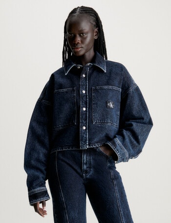 Calvin Klein Extra Oversize Crop Denim Shirt, Dark Denim product photo