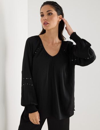 Whistle Long Sleeve Studded Evening Top, Black product photo