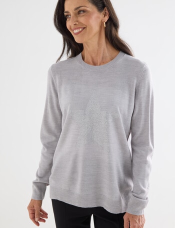 Ella J Sparkly Star Crewneck Jumper, Grey Marle product photo