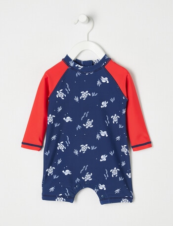 Teeny Weeny Sea Turtle Long-Sleeve Rash Suit, Blue & Red product photo