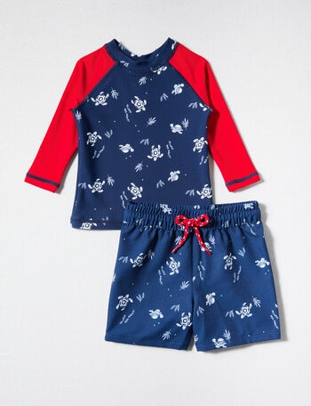 Teeny Weeny Sea Turtle Long-Sleeve Rash Set, Blue & Red product photo