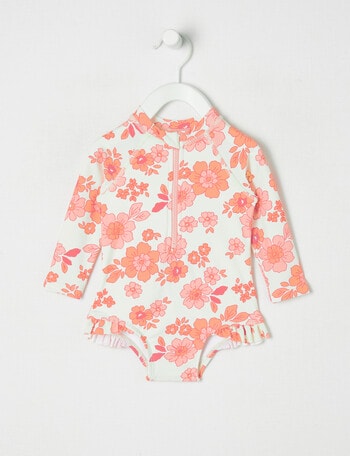 Teeny Weeny Pink Flower Long-Sleeve Swimsuit, Cream & Pink product photo