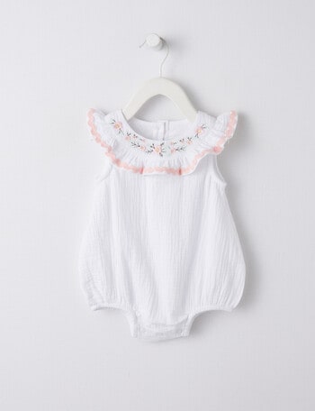 Teeny Weeny Cheese Cloth Frill Collared Romper, Marshmellow product photo