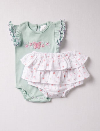 Teeny Weeny Rib Bodysuit & Cheese Cloth Bloomers, 2-Pc, Green product photo