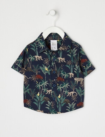 Teeny Weeny All-Over Jungle Print Short Sleeve Woven Shirt, Navy product photo